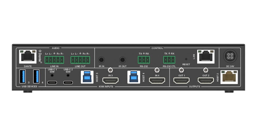     3 HDMI 20  1 USB-C  HDMI 20  HDBaseT  USB 20 KVM  Dante   HDBaseT  70 Prestel SWHC-PU4K42MVS