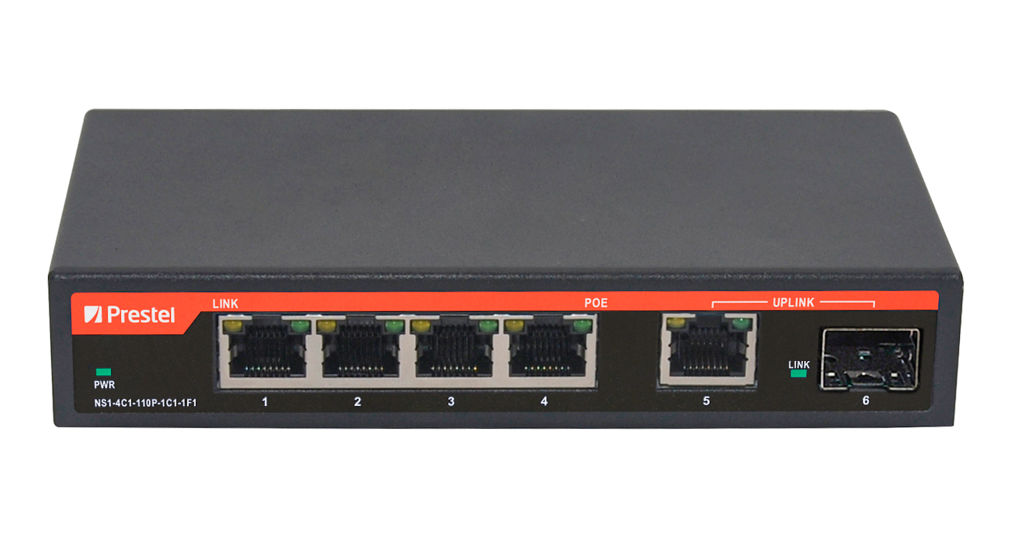 Неуправляемый 4-портовый сетевой коммутатор PoE L2 96 Вт Prestel NS1-4C1-96P-1F1-1C1