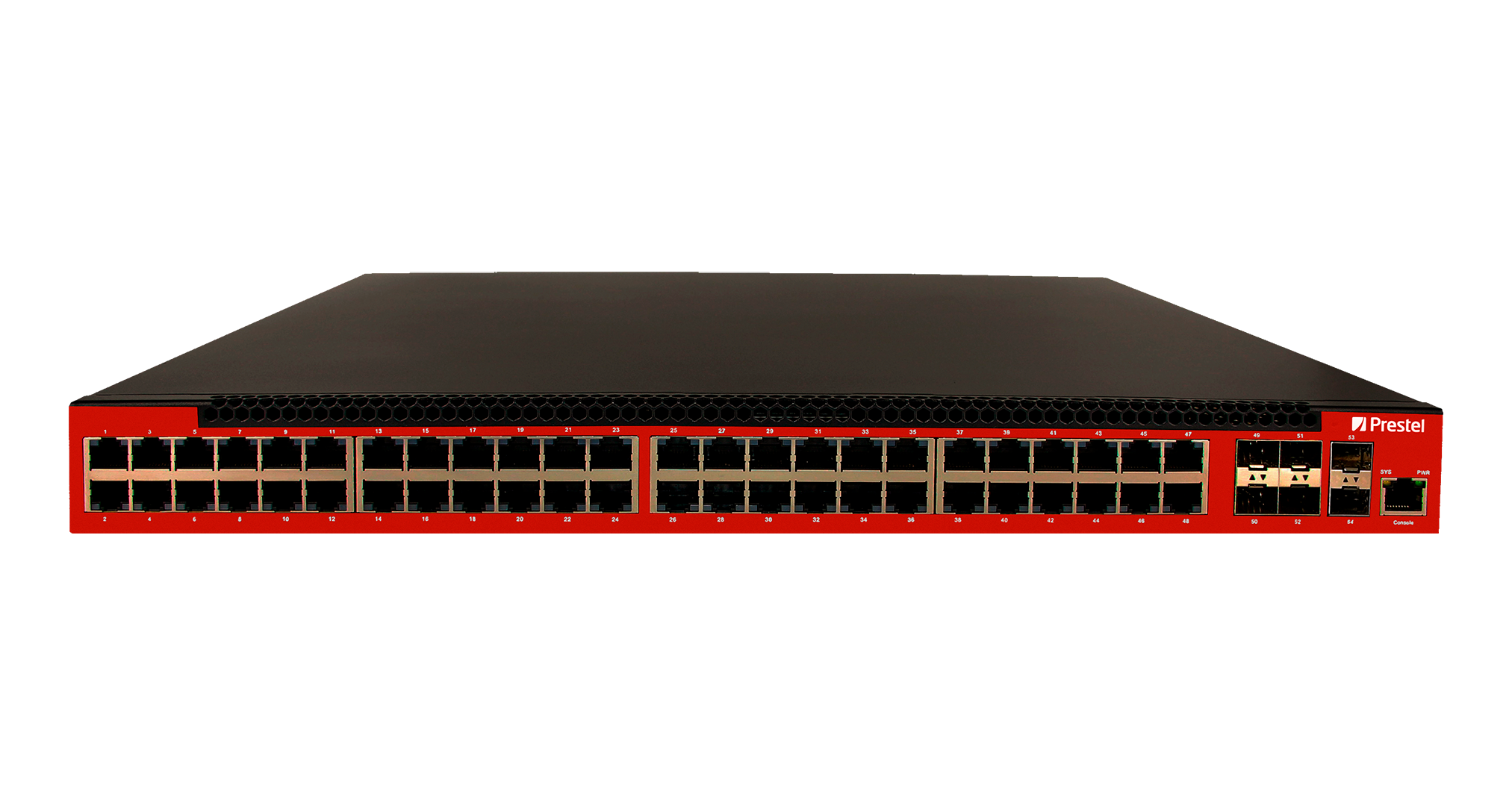 Управляемый 48-портовый 6 uplink сетевой AV коммутатор PoE L3 1600 Вт Prestel NS3-AV-48C1-1600P-6F10