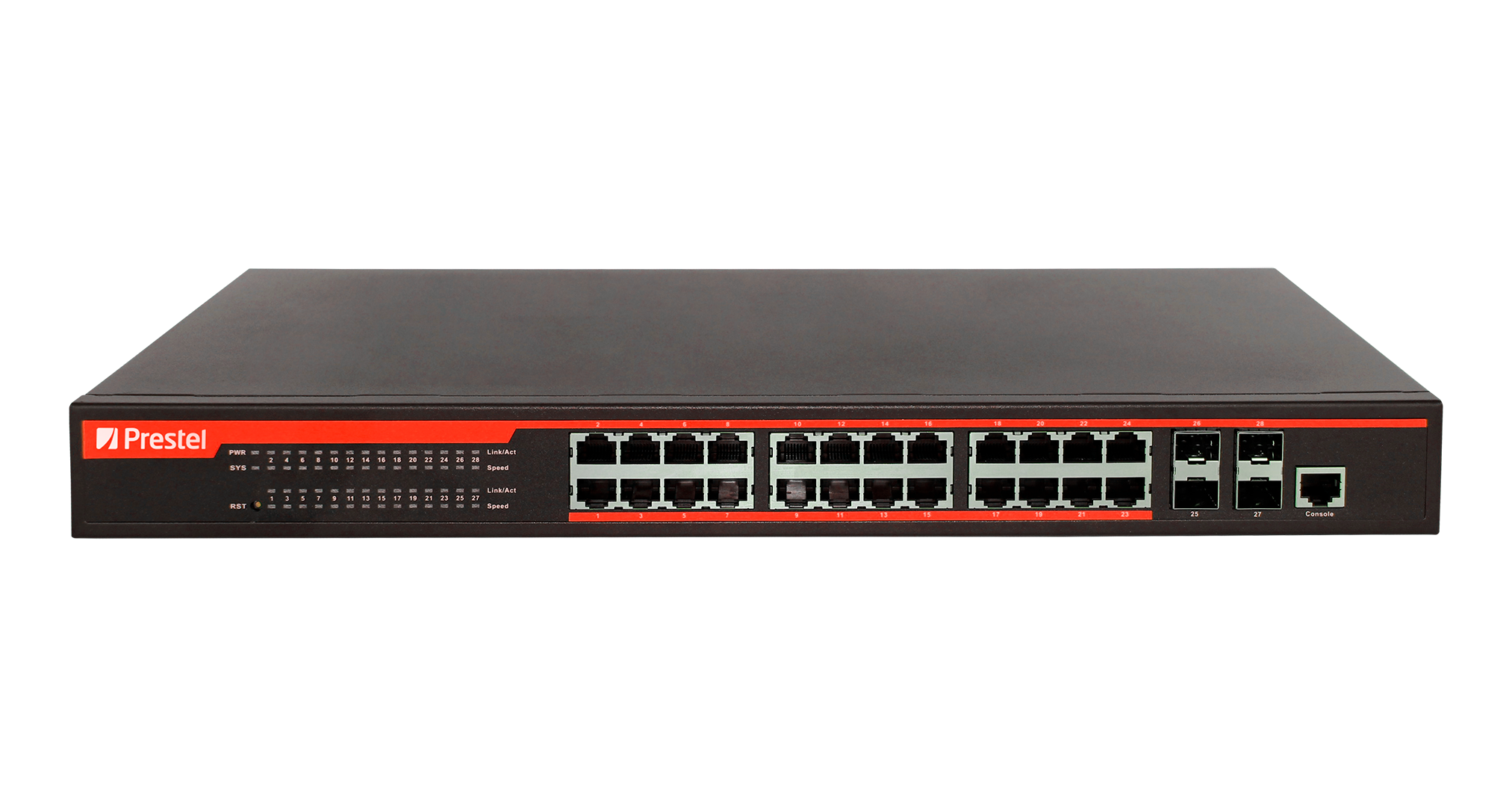 Управляемый 24-портовый сетевой коммутатор PoE L3 450 Вт Prestel NS3-24C1-450P-4F10