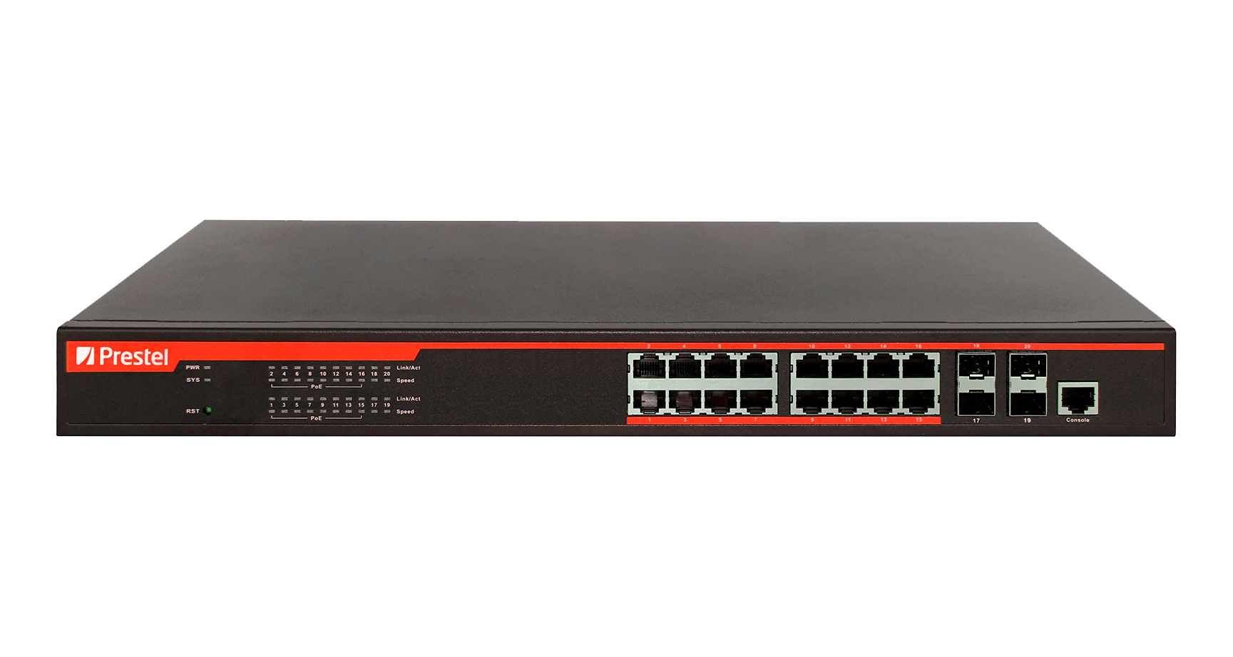 Управляемый 16-портовый сетевой коммутатор PoE L2 330 Вт Prestel NS2-16C1-330P-4F1