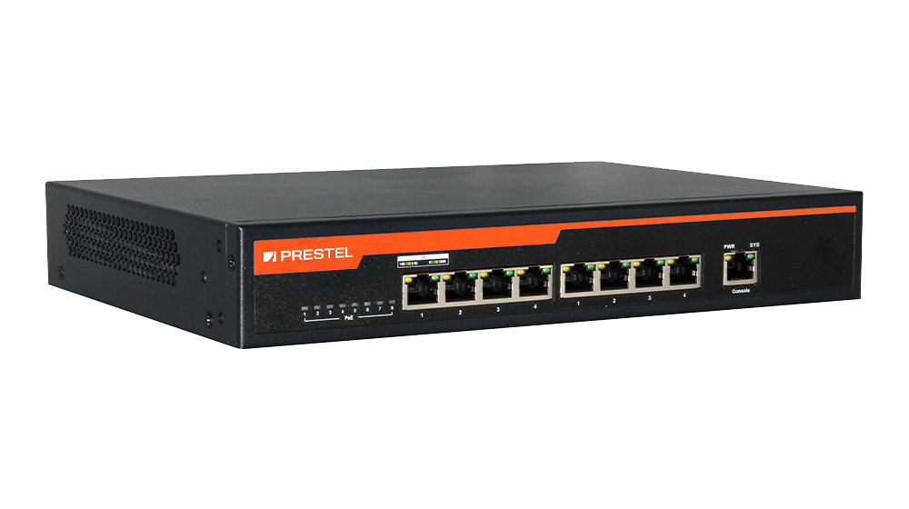 ����������� 8-�������� ������� ���������� PoE L3 SDVoE 150 �� Prestel NS3-SDV-8C10-150P