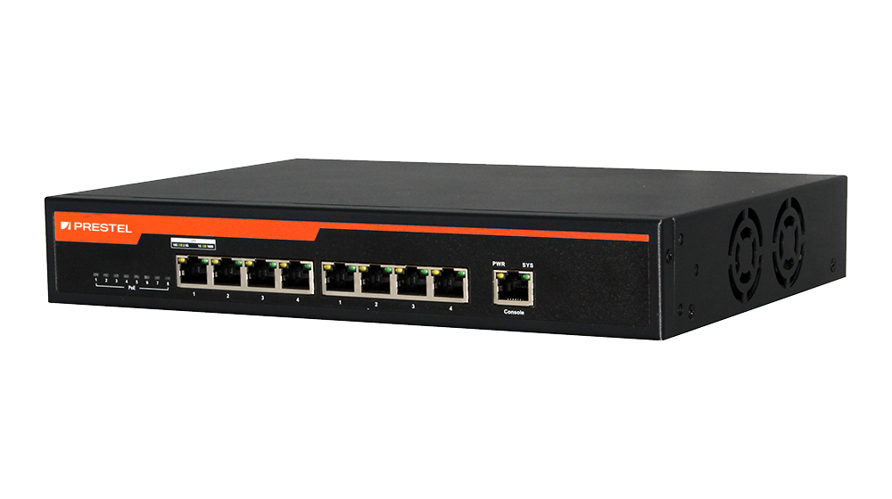 ����������� 8-�������� ������� ���������� PoE L3 SDVoE 150 �� Prestel NS3-SDV-8C10-150P